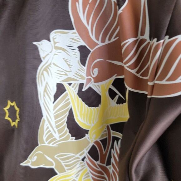 Jinzu Mens Y2K Birds Key Graphic Art Embroidered Bomber Jacket size XL Brown AOP - Picture 6 of 13